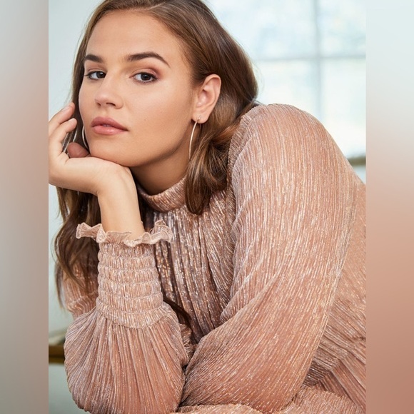 Eloquii Plus Size Shimmer Rose Gold Puff Sleeve Gathered Waist Dress sz 14 - Picture 2 of 16